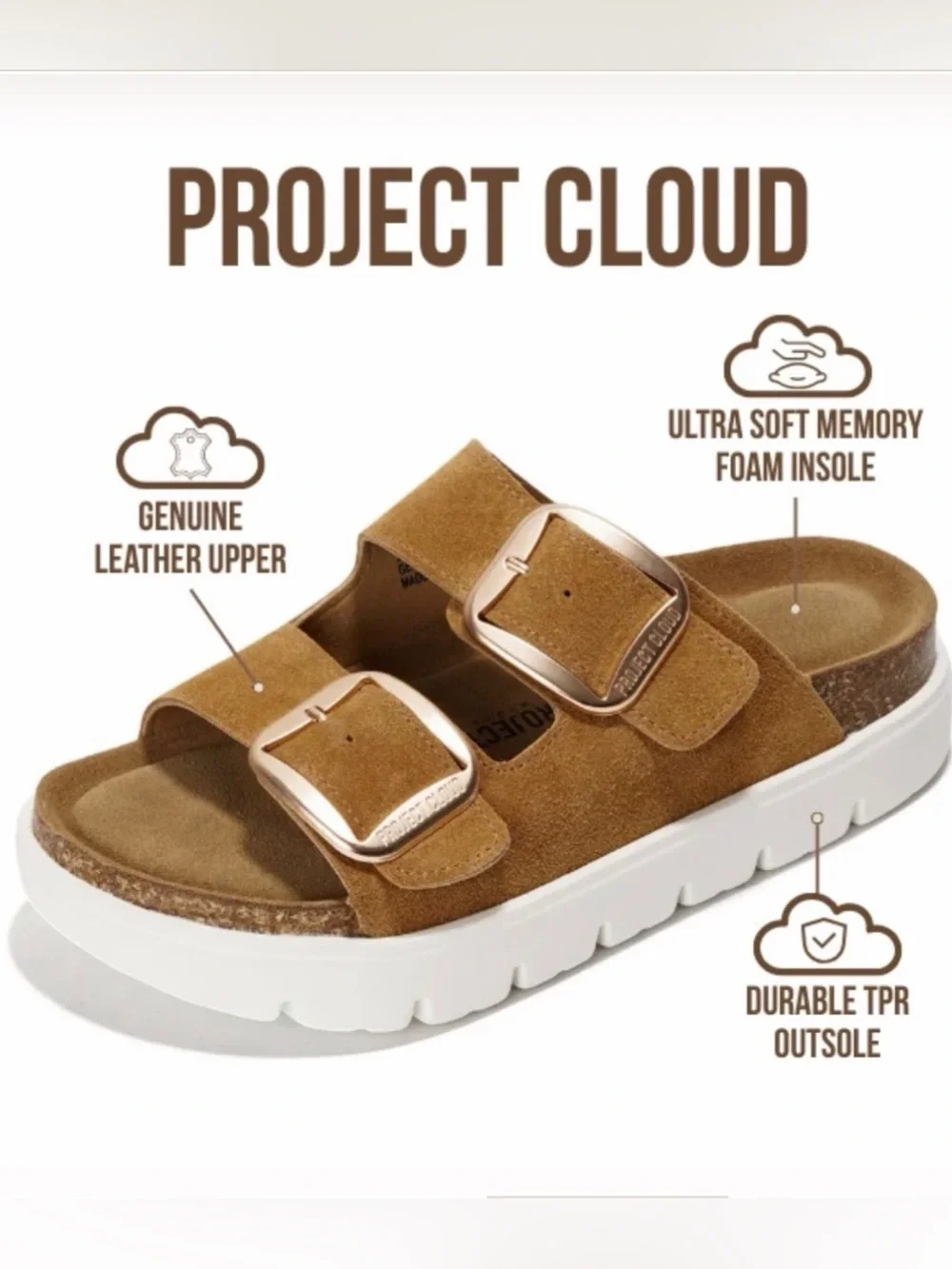 Project Cloud Greece Chunky Chestnut Suede Double-Buckle Sandals Women’s 11